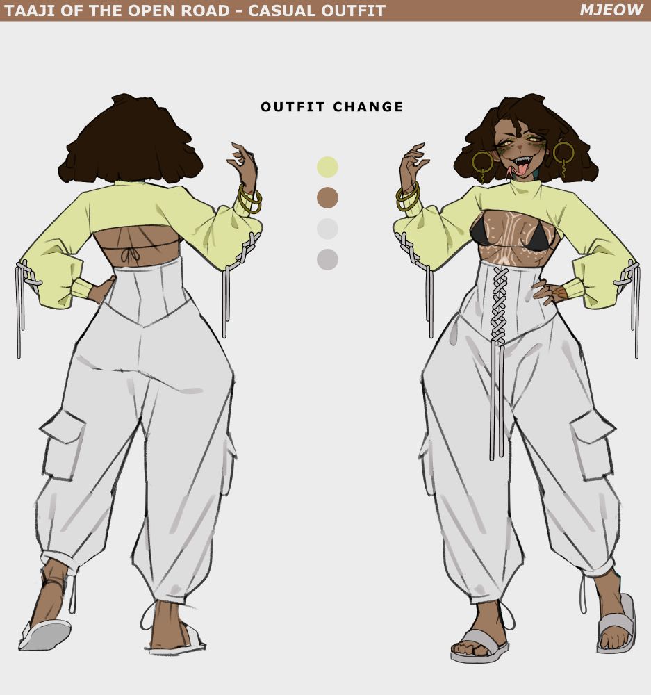 Taaji in an alternate outfit. She is wearing a very show top, and baggy corseted pants. Her top does not cover her chest, but she is wearing a bra that cover her breasts