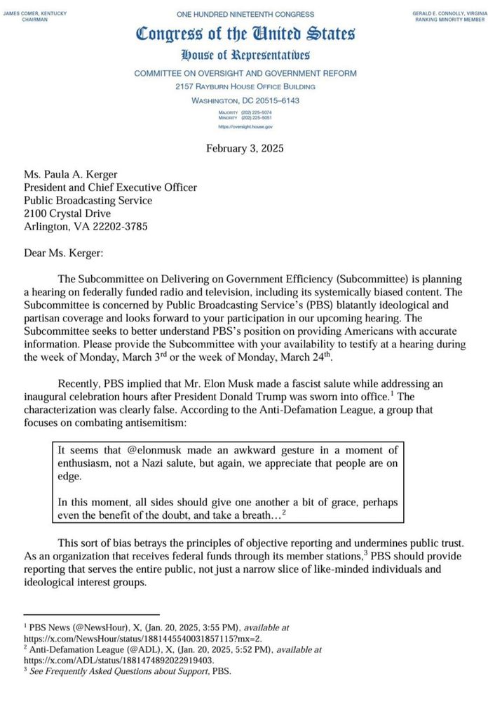 Summons to a PBS executive to appear before the DOGE subcommittee. It highlights PBS coverage of Musk's Nazi salute