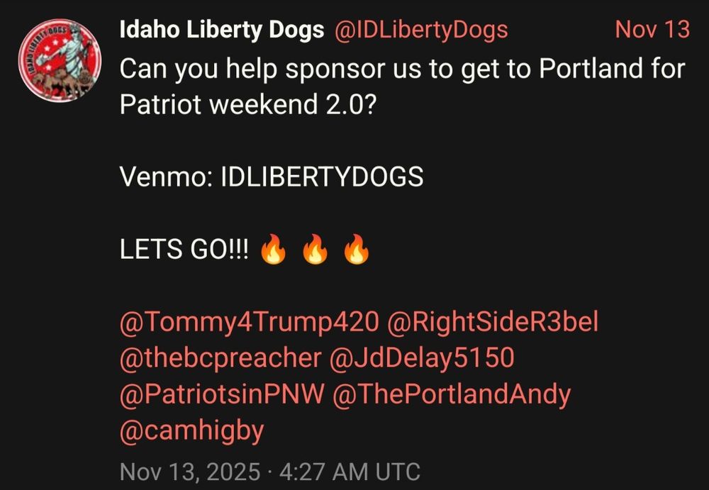 Idaho Liberty Dogs tweet asking for financial sponsorship to get to Portland