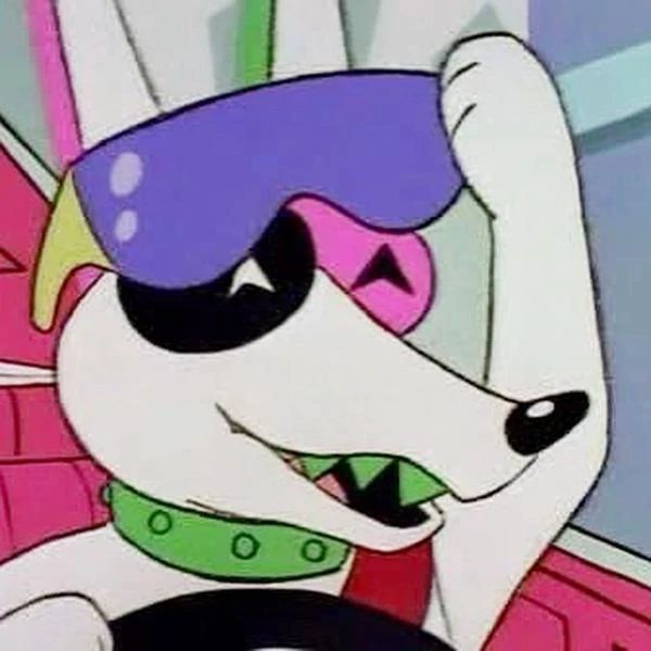 Rude Dog: a cartoon dog with pink and black eyes wearing wraparound shades, driving a car