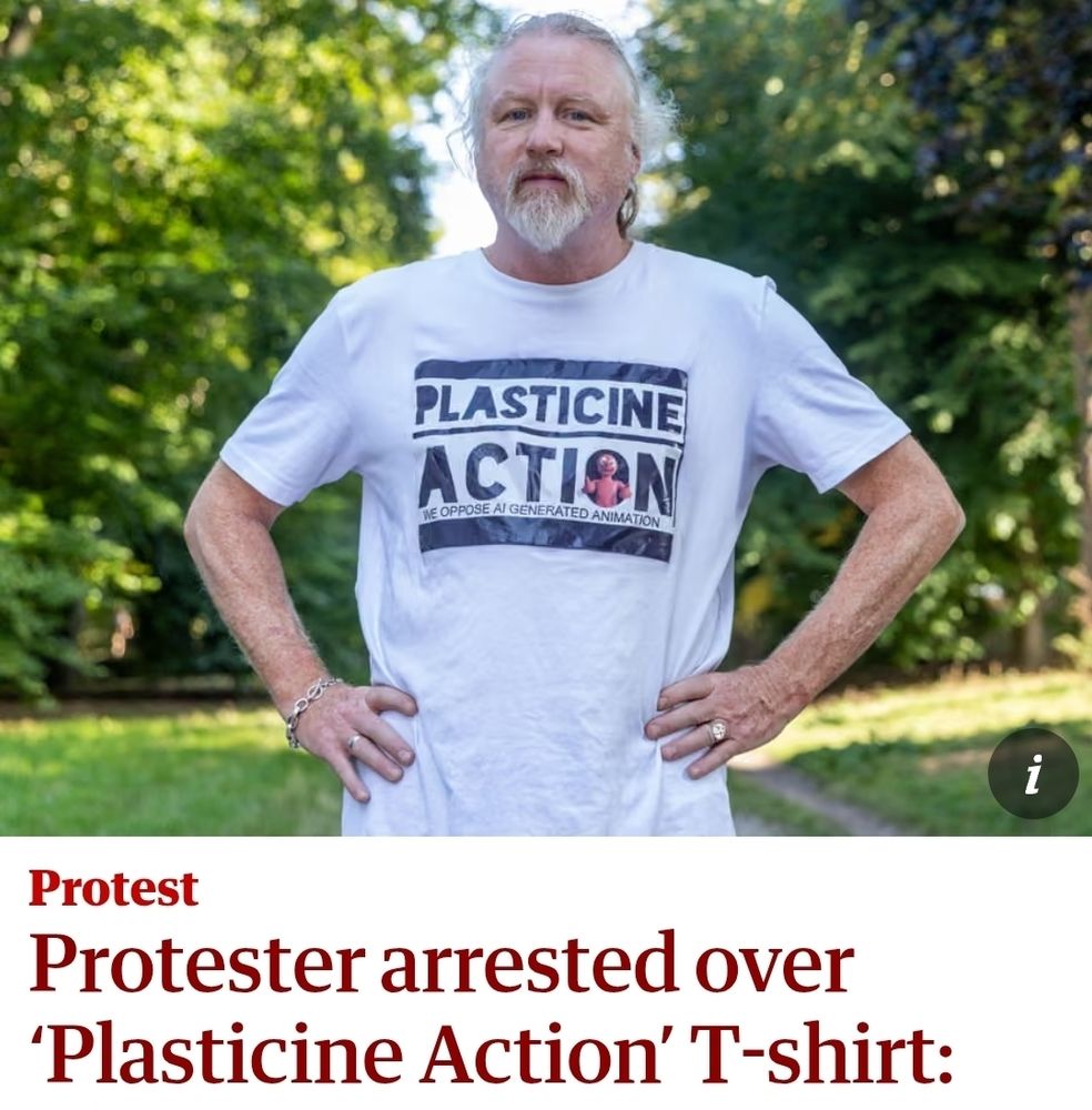 A man wearing a shirt bearing the legend "PLASTICINE ACTION"