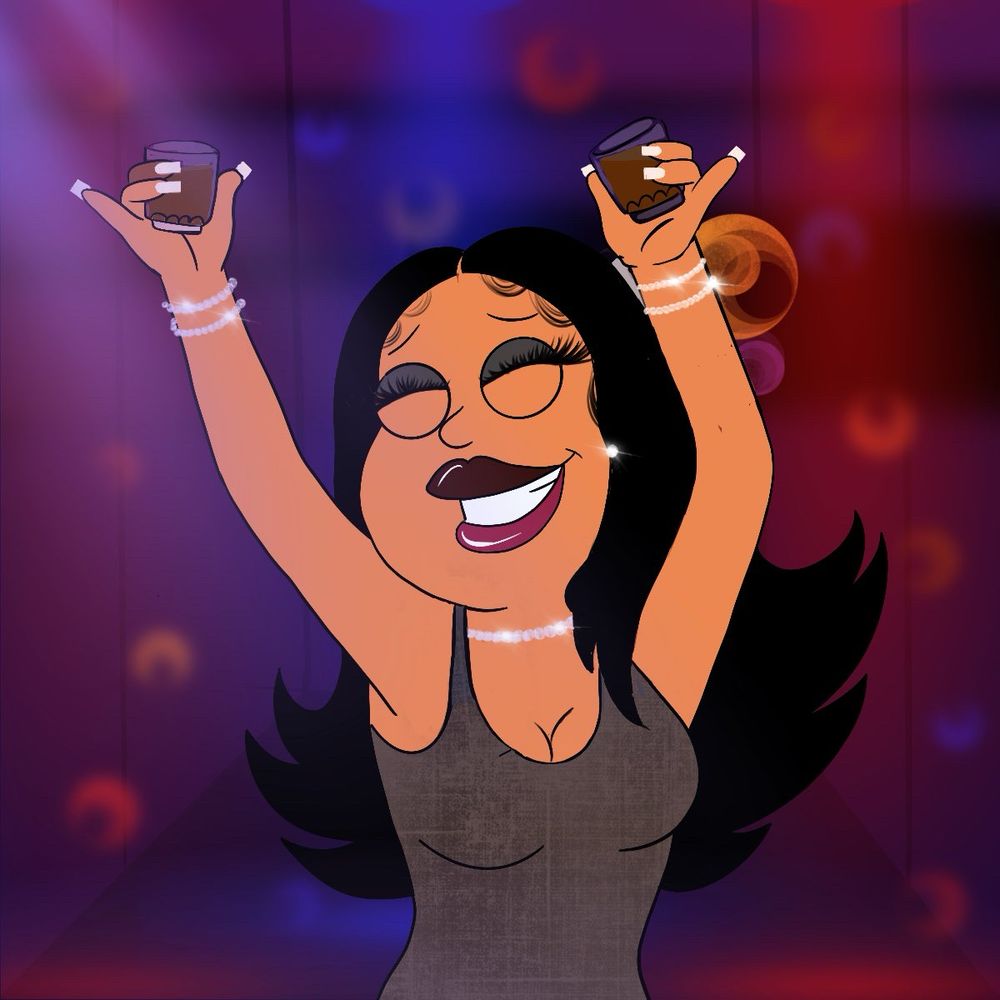 A photoshopped Golden tan light skinned (Black) Francine from American Dad dancing to the song shots 