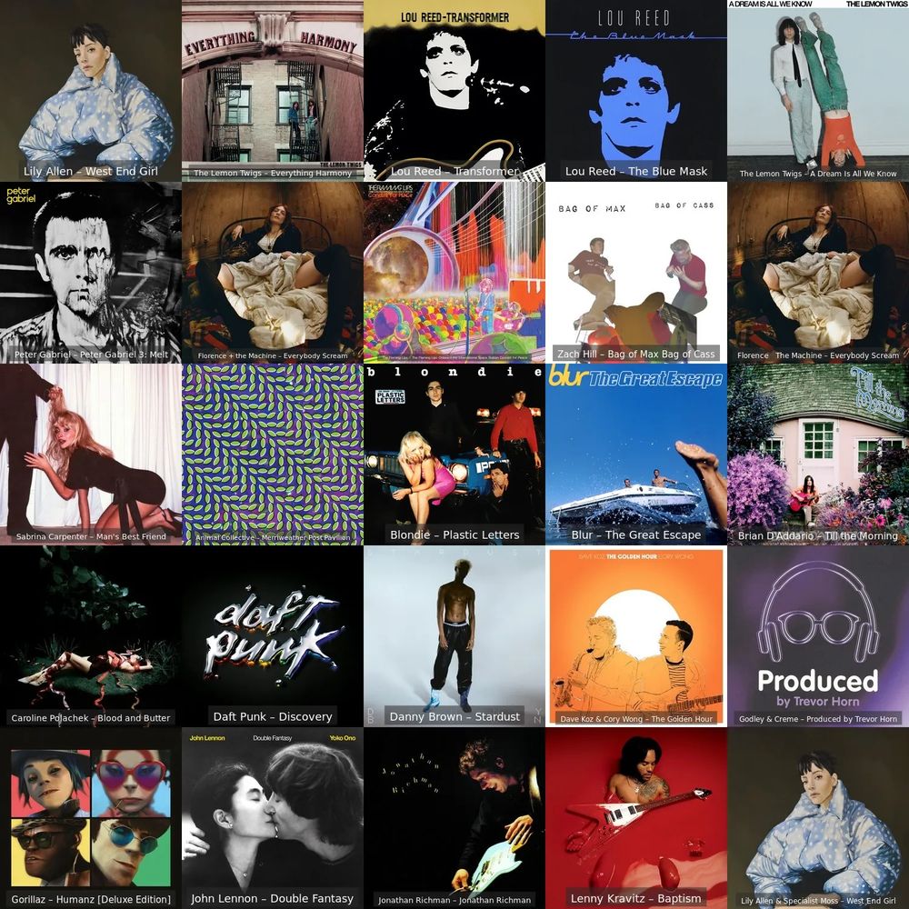 Lily Allen - West End Girl
The Lemon Twigs - Everything Harmony
Lou Reed - Transformer
Lou Reed - The Blue Mask
The Lemon Twigs - A Dream Is All We Know
Peter Gabriel - Peter Gabriel 3: Melt
Florence + the Machine - Everybody Scream
Zach Hill - Bag of Max Bag of Cass
Florence The Machine - Everybody Scream
Sabrina Carpenter - Man's Best Friend
Animal Collective - Merriweather Post Pavilion
Blondie - Plastic Letters
Blur - The Great Escape
Brian D'Addario - Till the Morning
Caroline Polachek - Blood and Butter
Daft Punk - Discovery
Danny Brown - Stardust
Dave Koz & Cory Wong - The Golden Hour
Gorillaz - Humanz [Deluxe Edition] 
John Lennon - Double Fantasy
Godley & Creme - Produced by Trevor Horn
Jonathan Richman - Jonathan Richman
Lenny Kravitz - Baptism
Lily Allen & Specialist Moss - West End Girl