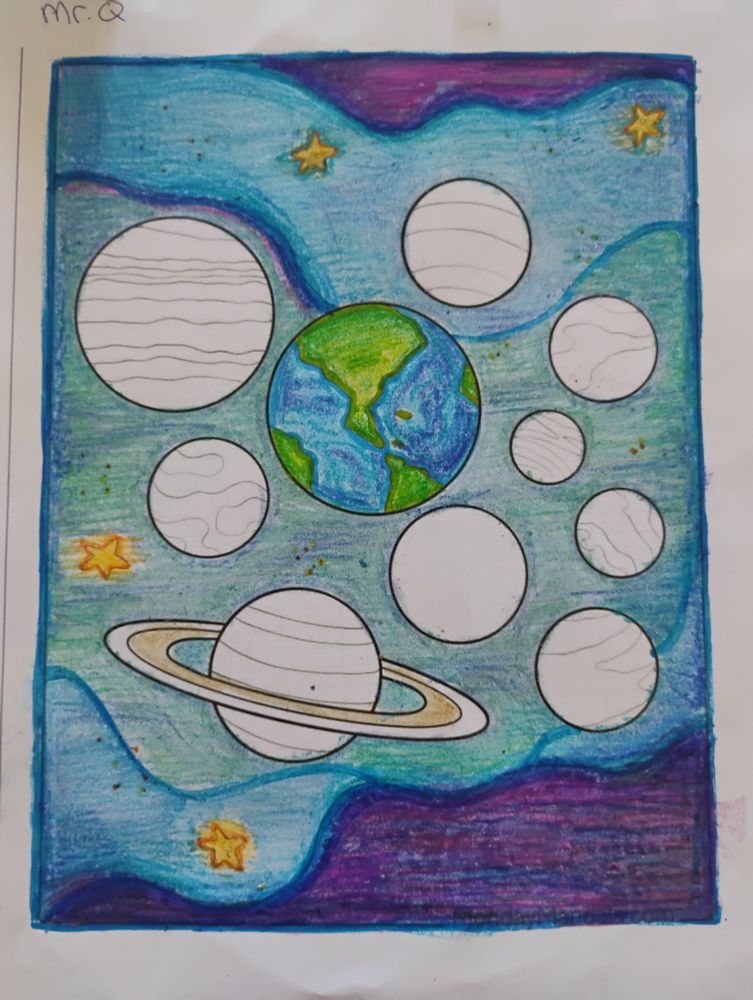 A picture of planets partially colored with crayon.