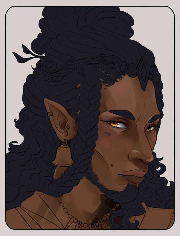a partially coloured image of a man with blue hair done in braids and some of it is loose and curly, he has golden eyes with oval pupils