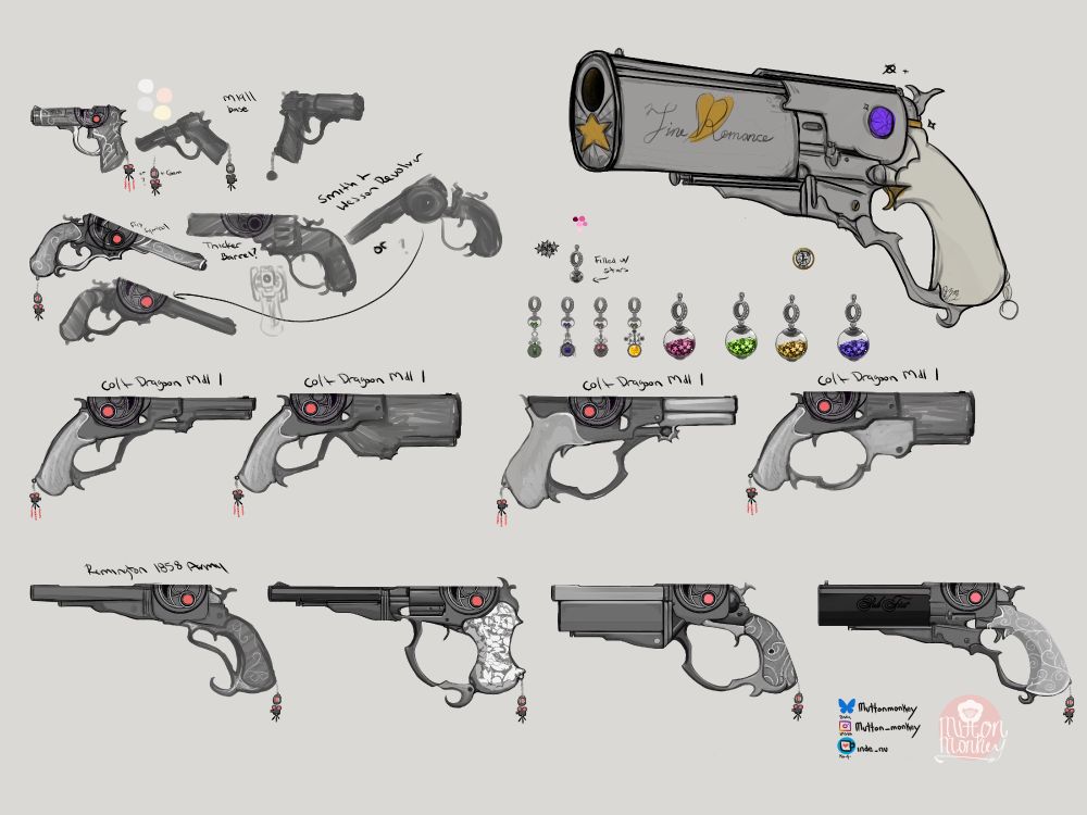 the rough designs and concepts for bayonetta guns. the concepts include Colt dragoons, Remingtons and some revolvers