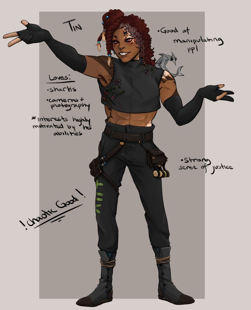 An image of a character named Tin. He is wearing a black crop top with embroidered flowers, black gloves, and black pants with a brown belt. His hair is red and done in twists on one side, and is left loose and curly on the other. He has black sclera, and chimeraism with vitiligo