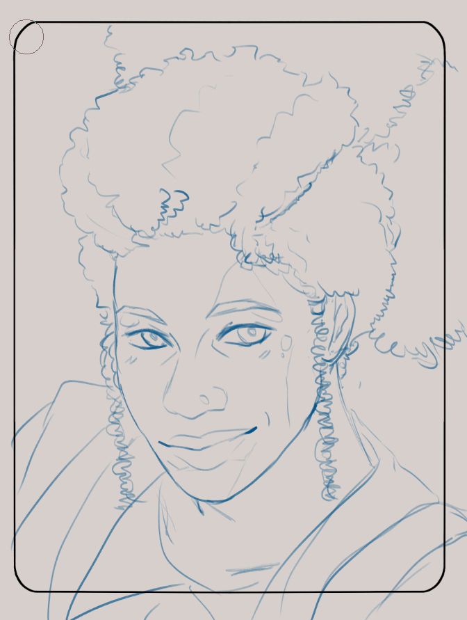 a rough sketch of a character with a tied back afro, he has a smug face and is looking up