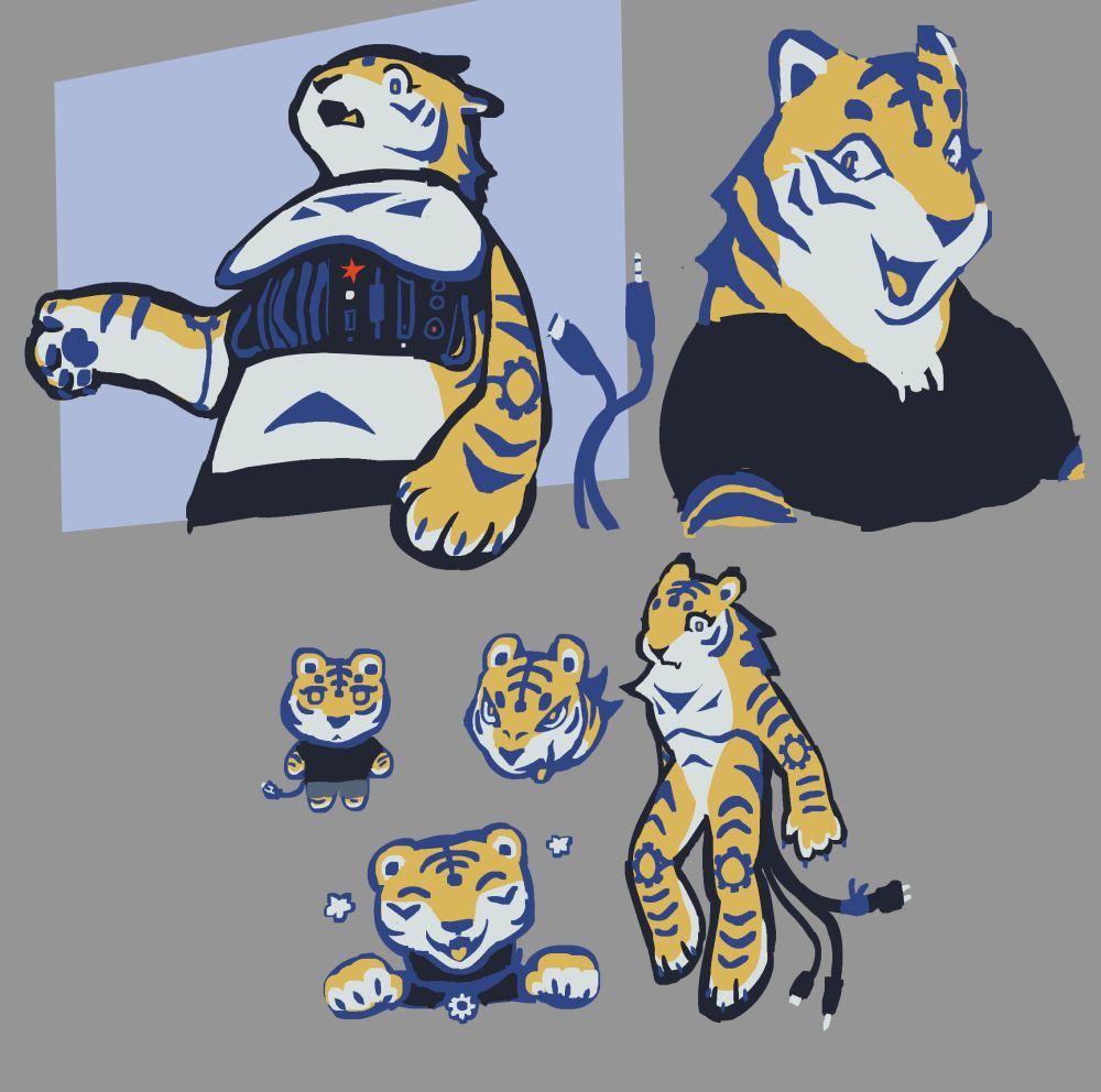 various coloured concept art of a robot tigress (that i'm either going to keep or sell as an adoptable idk i love her very much). she's yellow with white markings and blue stripes, her ball-joints (knees and elbows) are decorated to look like cogs. she has retractable cable tails.
1 (top left): drawing in a low camera angle. her chest panel is open, showing wires, red and white lights, ports, drives and buttons. she looks surprised - maybe it opened by accident?
2 (top right): a headshot. she's happy and wearing a black t-shirt. her 2 cables (USB-C and audio jack) are behind her.
3 (bottom left): chibi version of her. a USB-A cable is out.
4 (bottom middle): small headshot of her smiling (evilly).
5 (bottom): headshot of her smiling, eyes closed and doing a cat pose. she's wearing a collar with a cog charm!
6 (bottom right): fullbody showing her markings. her three cable-tails are out - an audio jack, a USB (-C?) port and a power plug. the power plug is bandaged with blue electrical tape.