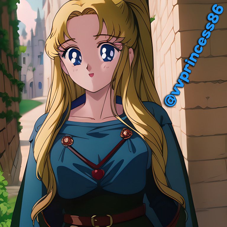 A filtered AI picture with an anime style of Venus Rune, that is me. My long blonde hair is down. I am wearing a green cloak and around me is a wall and a castle. (Anime filtered version)