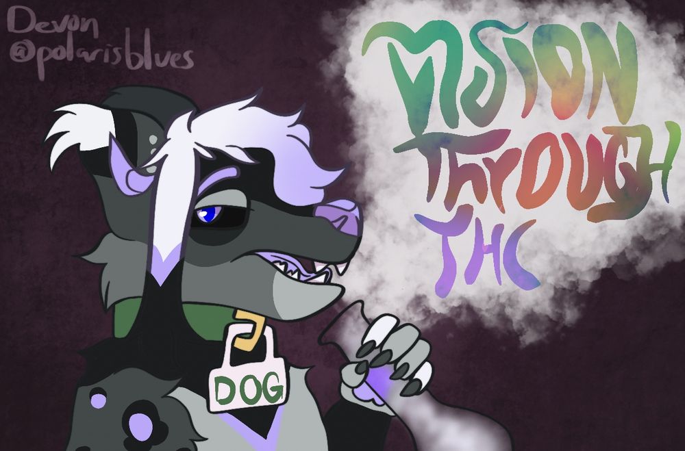 Furry art of a character hitting a bong, with text that says “vision through thc”