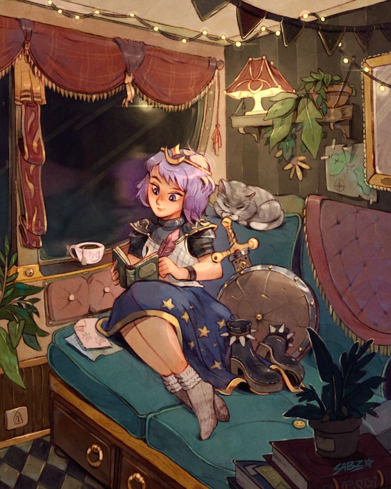Illustration of a young female knight, in armour and a star-patterned blue dress, sitting in a cosy room with her cat sleeping on the headrest behind her.
She's journaling, there's dim lamplight, overflowing pot plants and she has her sword & shield resting at her side.