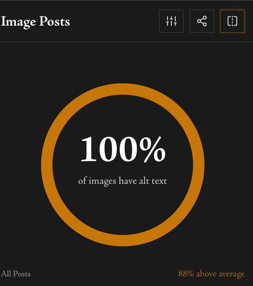 Screenshot showing 100% of my images shared have alt text. It says that’s 88% above average. 