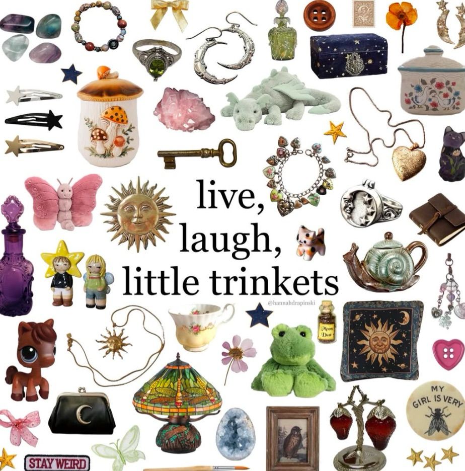 “live, laugh, little trinkets” surrounded by images of trinkets 