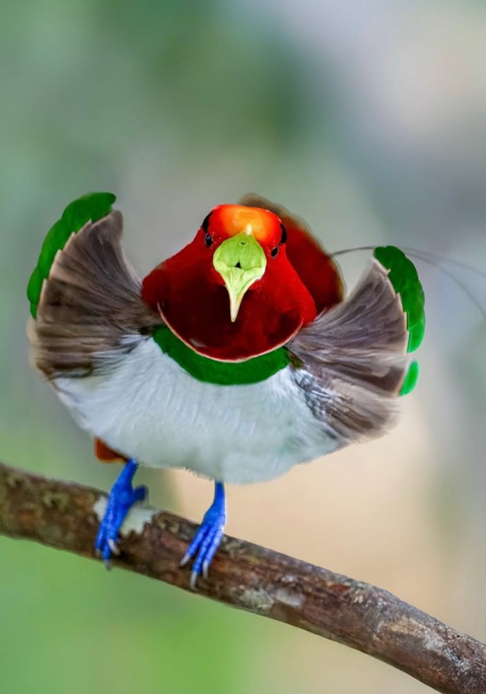 The king bird of paradise, a small vibrantly colored bird. Red all over with a dark green iridescent breast band, a white lower breast and belly, and green tipped fan like plumes on the shoulders. The under tail appears white and fluffy with two really long “strings” sticking out and green discs on the end. Black eyebrows above the eyes, thick orange beak, and bright blue legs 