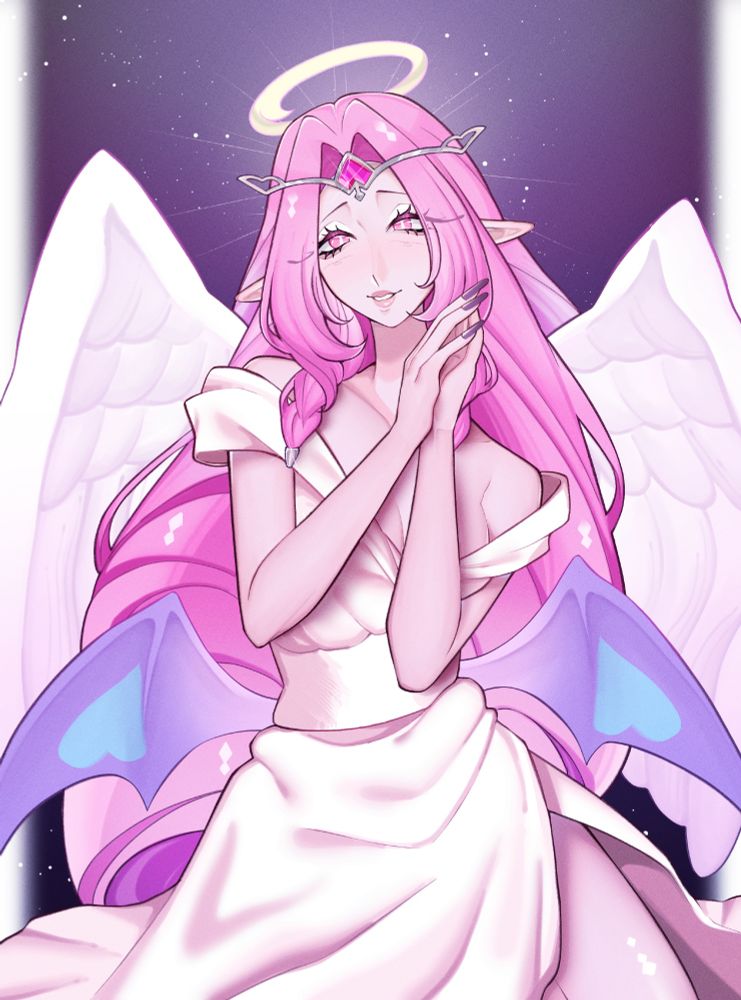 Eternal Sugar Cookie, drawn in my style, sitting with her dress/wings surrounding her with both her hands lightly clasped together in front of her, wearing a serene expression on her face.