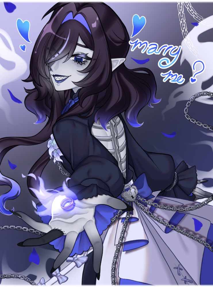 My sona, facing the viewer from the back, offering a flaming wedding ring surrounded by chains and mist. They have a content expression, smiling and showing off their shark teeth.