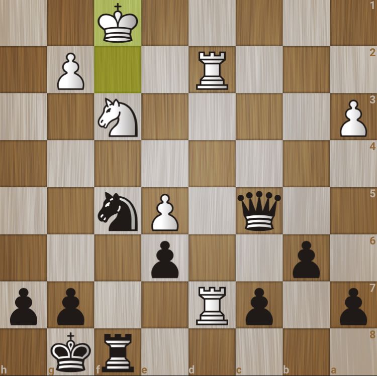 Chess board from Black's perspective. Black piece locations: King g8; Queen c5; Rook f8; Knight f5; pawns a7, b6, c7, e6, g7, h7. White piece locations: King f1, Rooks d2, d7; Knight f3; pawns a4, e5, g2. Colored squares indicate last move was White King from f2 to f1.