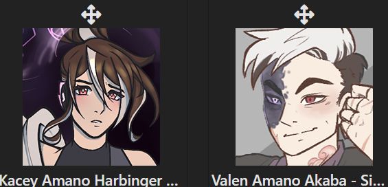 A screenshot of two characters: Kacey Amano Harbinger and Valen Amano Akaba.

Both have brown hair with white, red eyes, and white skin.