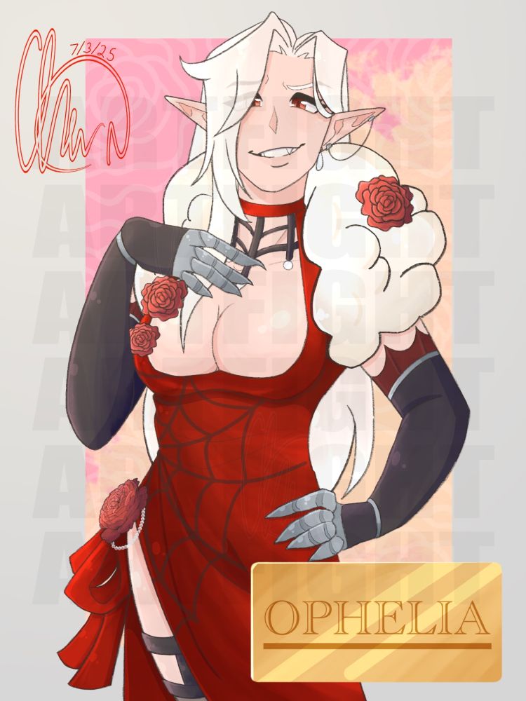 A halfbody drawing of a vampire girl wearing a red dress with metal-like claws on her fingers, wearing black opera gloves with roses on her design, having white hair, red eyes, and pale white skin. She has the name card "Ophelia" in the bottom right corner.