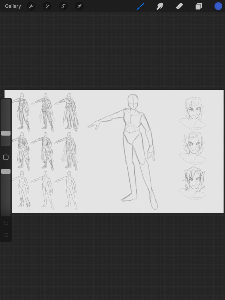 A screenshot of sketches of six out of nine outfit concepts to the left and three headshot hair outfits to the right, with a base intended for a full character design to be in the middle.