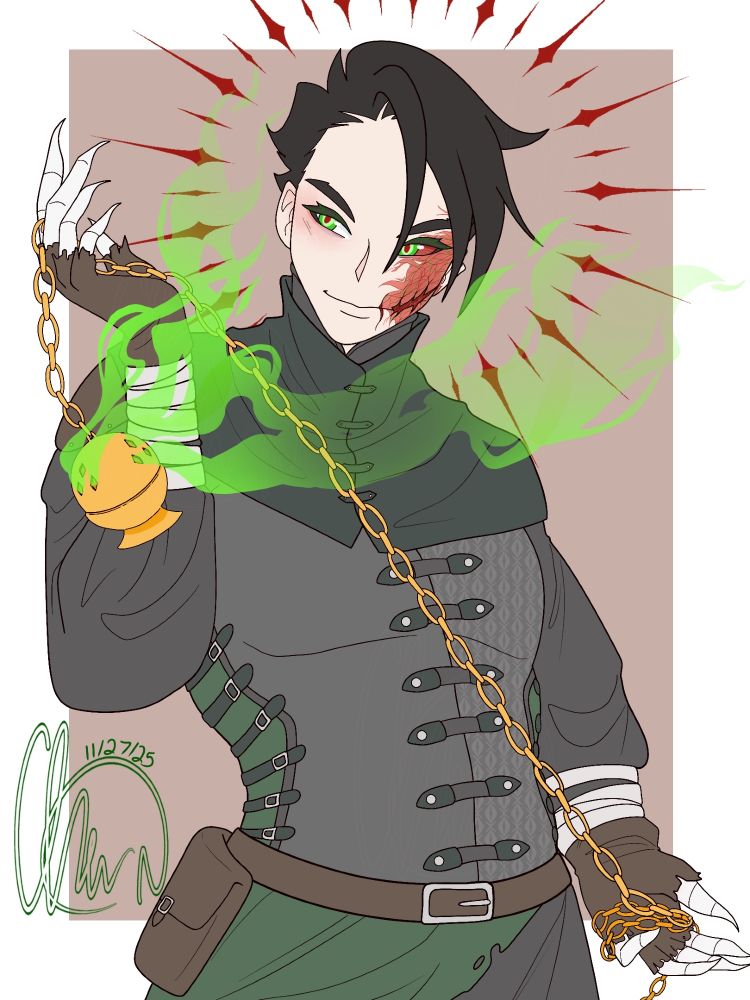 A male character with short black hair, green eyes with red pupils, pale white skin, and his left (visually right) side of his face scarred red, including his sclera (whites of the eye).

He wears a dark outfit mostly consisting of black, grey, green, and brown colors, with bandages around his wrists. Fingerless brown gloves that show bone-like clawed fingers. He holds a golden censer leaking out a green smoke.
