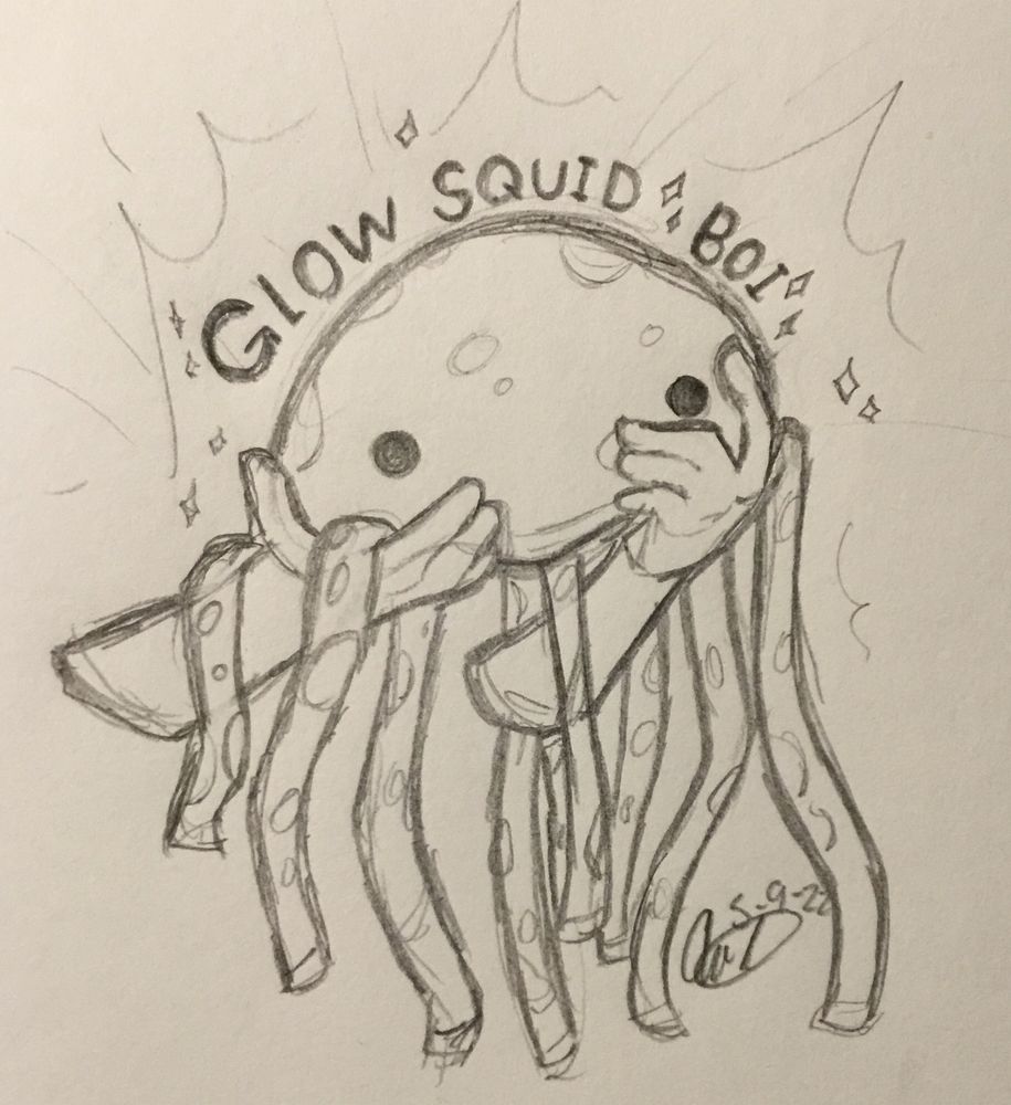 Hands holding up a squishy squid with the words "Glow Squid Boi". Drawn from a sketchbook.
