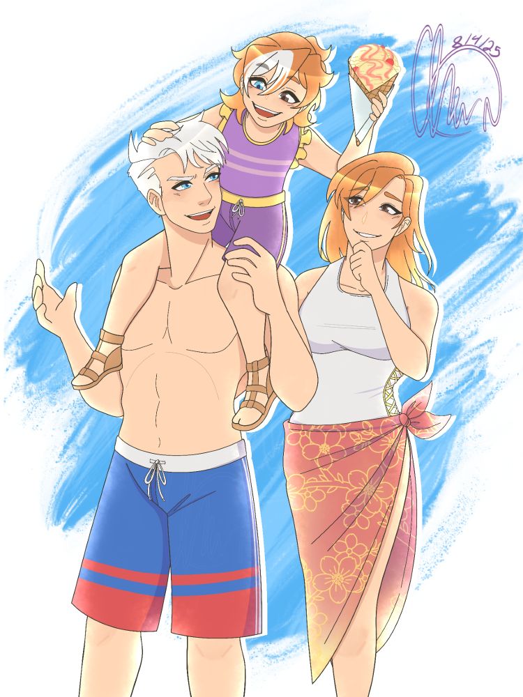 A drawing of three characters: a man with short white hair and blue eyes wearing blue and red swimming drunks with a young girl with blue and brown eyes with red hair with wite, sitting on his shoulders wearing a purple and gold swimming outfit holding an ice cream cone, with a woman with with red hair and brown eyes wearing a white swimming suit with a red cloth tied around her waist.