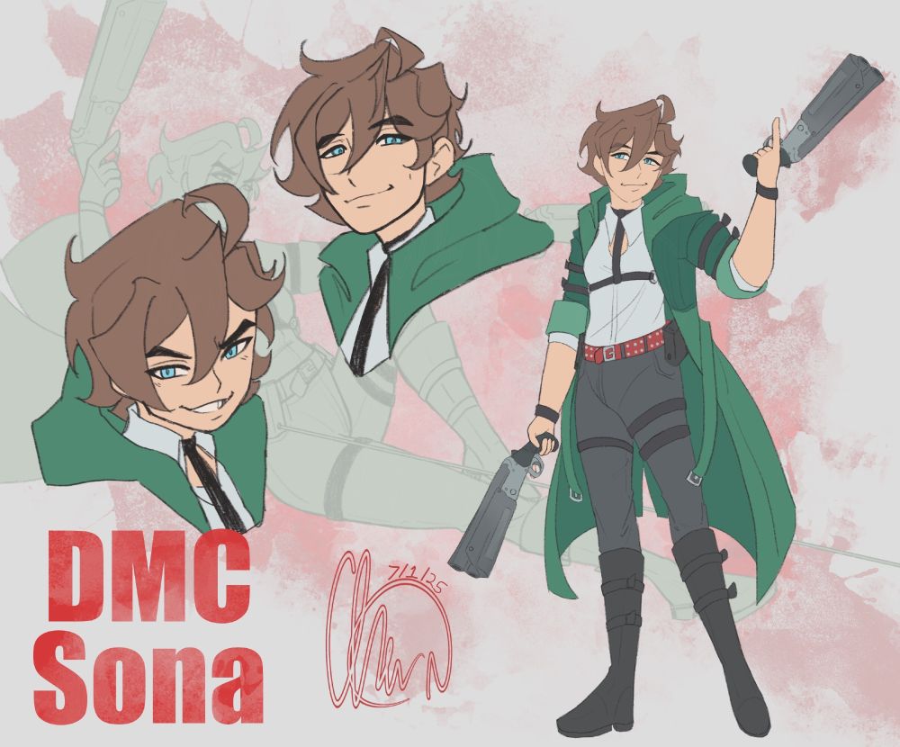 A Devil May Cry sona of myself! (As if I was in DMC)

A character with short brown hair, blue eyes, and white skin wearing a green coat wielding two one-handed shotguns.