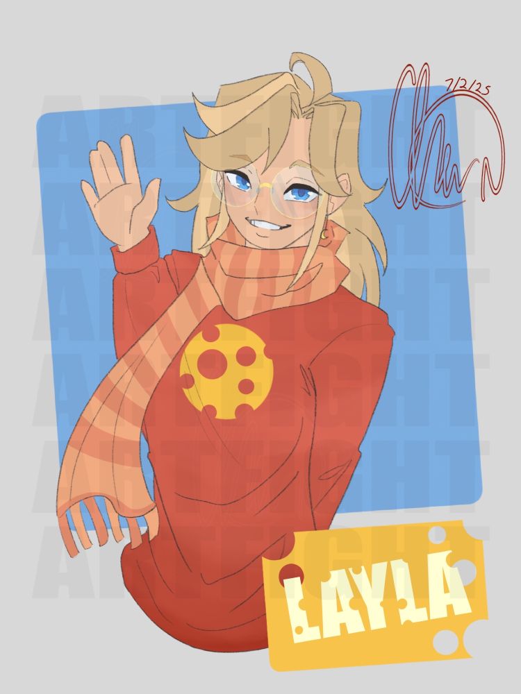 A halfbody drawing of a human girl wearing a red sweater with a wheel of cheese on it with a striped scarf, having blonde hair, blue eyes, and white skin, as well as gold-framed glasses. She has the name card "Layla" in the bottom right corner.