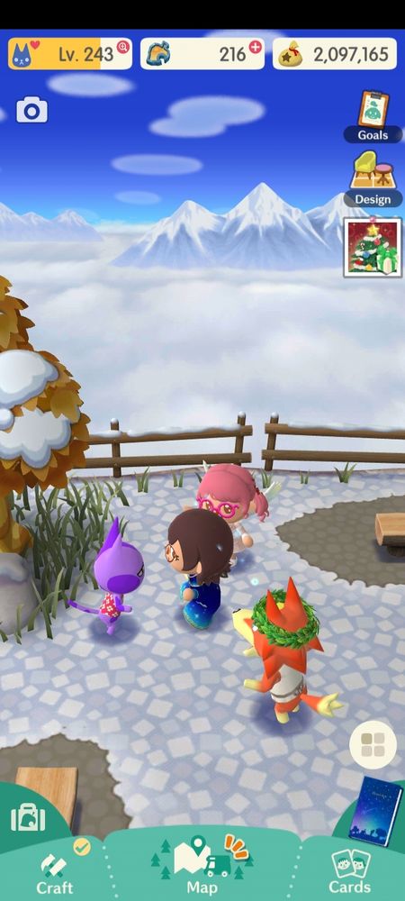 A screenshot of Pocket Camp Complete with my character (Nebulanna), Audie the orange wolf, Bob the purple cat, and my friend Tekki. All of us are doing the Shrunk Funk Shuffle!