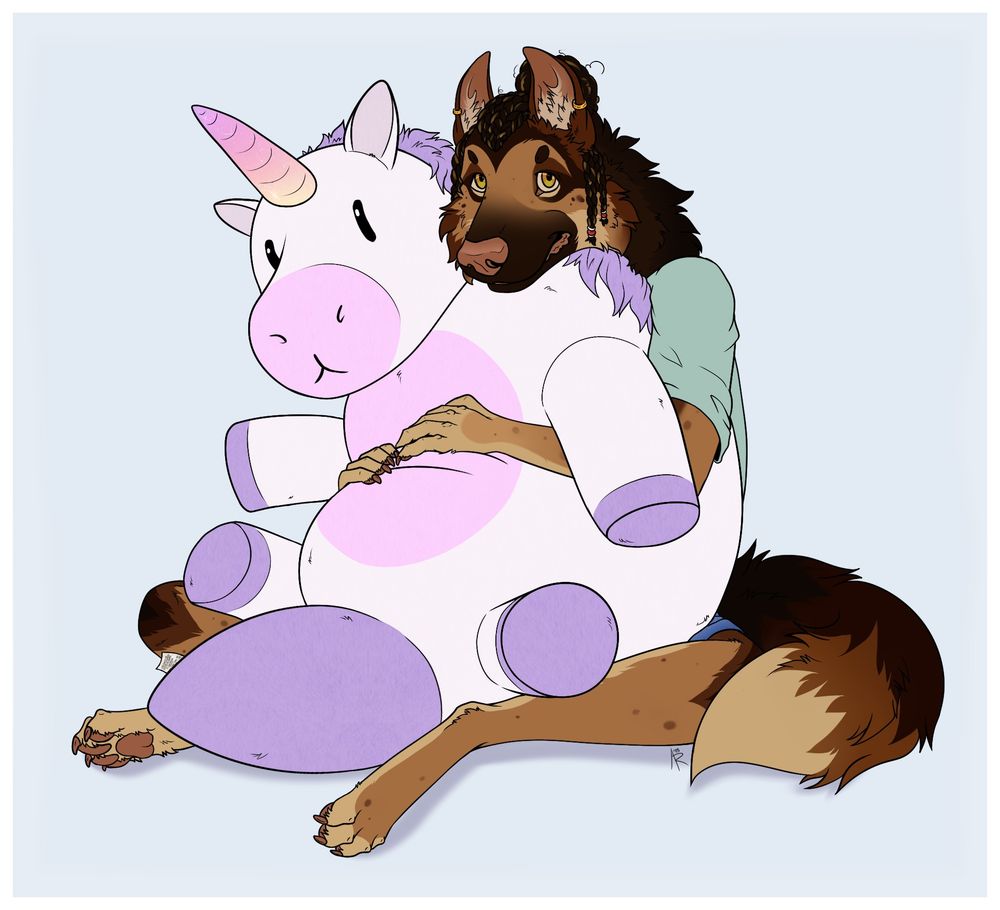 German Shepherd anthro girl squeezing a big unicorn plushie