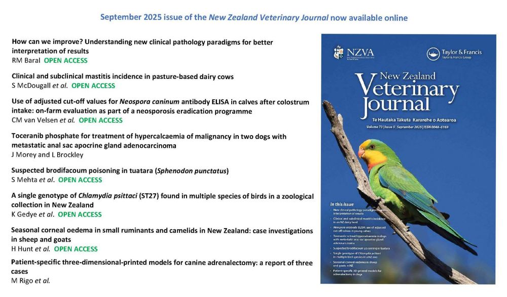 The cover of the September 2025 issue of the New Zealand Veternary Journal (vol 73, issue 5), with details of the contents:

'How can we improve? Understanding new clinical pathology paradigms for better interpretation of results' by RM Baral 

'Clinical and subclinical mastitis incidence in pasture-based dairy cows' by S McDougall et al.

'Use of adjusted cut-off values for Neospora caninum antibody ELISA in calves after colostrum intake: on-farm evaluation as part of a neosporosis eradication programme' by CM van Velsen et al.

'Toceranib phosphate for treatment of hypercalcaemia of malignancy in two dogs with metastatic anal sac apocrine gland adenocarcinoma' by J Morey and L Brockley

'Suspected brodifacoum poisoning in tuatara (Sphenodon punctatus)' by S Mehta et al.

'A single genotype of Chlamydia psittaci (ST27) found in multiple species of birds in a zoological collection in New Zealand' by K Gedye et al.

'Seasonal corneal oedema in small ruminants and camelids in New Zealand: case investigations in sheep and goats' by H Hunt et al.

'Patient-specific three-dimensional-printed models for canine adrenalectomy: a report of three cases' by M Rigo et al.
