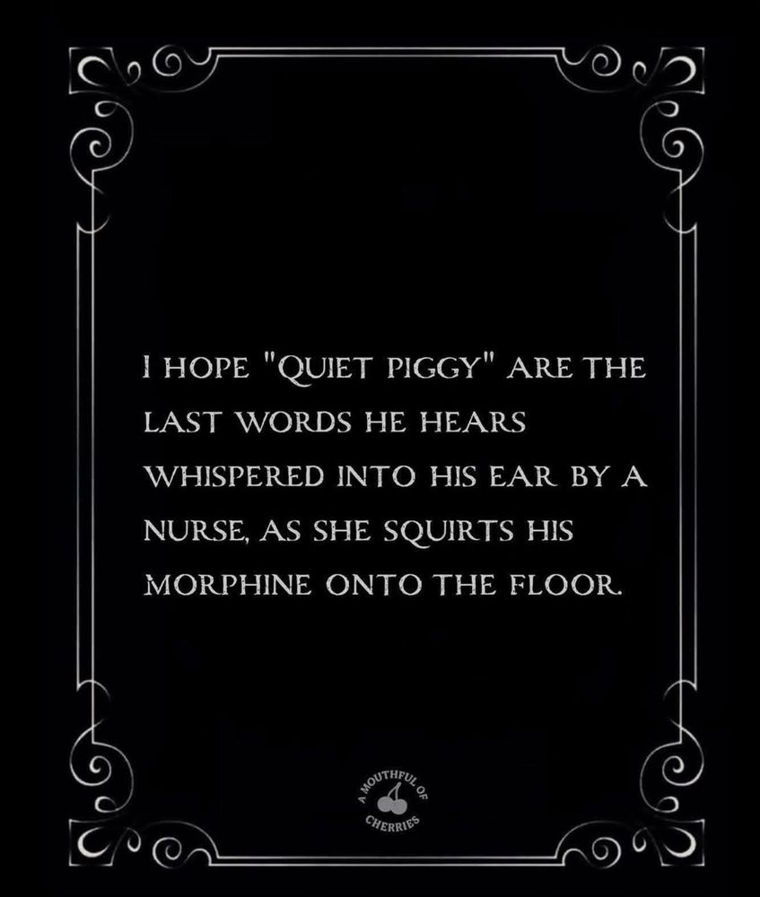 “I hope “quiet piggy” are the last words he hears whispered into his ear by a nurse, as she squirts his morphine onto the floor.”