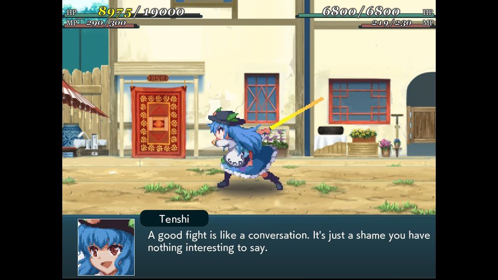Tenshi, after parrying an enemy: A good fight is like a conversation. It's just a shame you have nothing interesting to say. 
