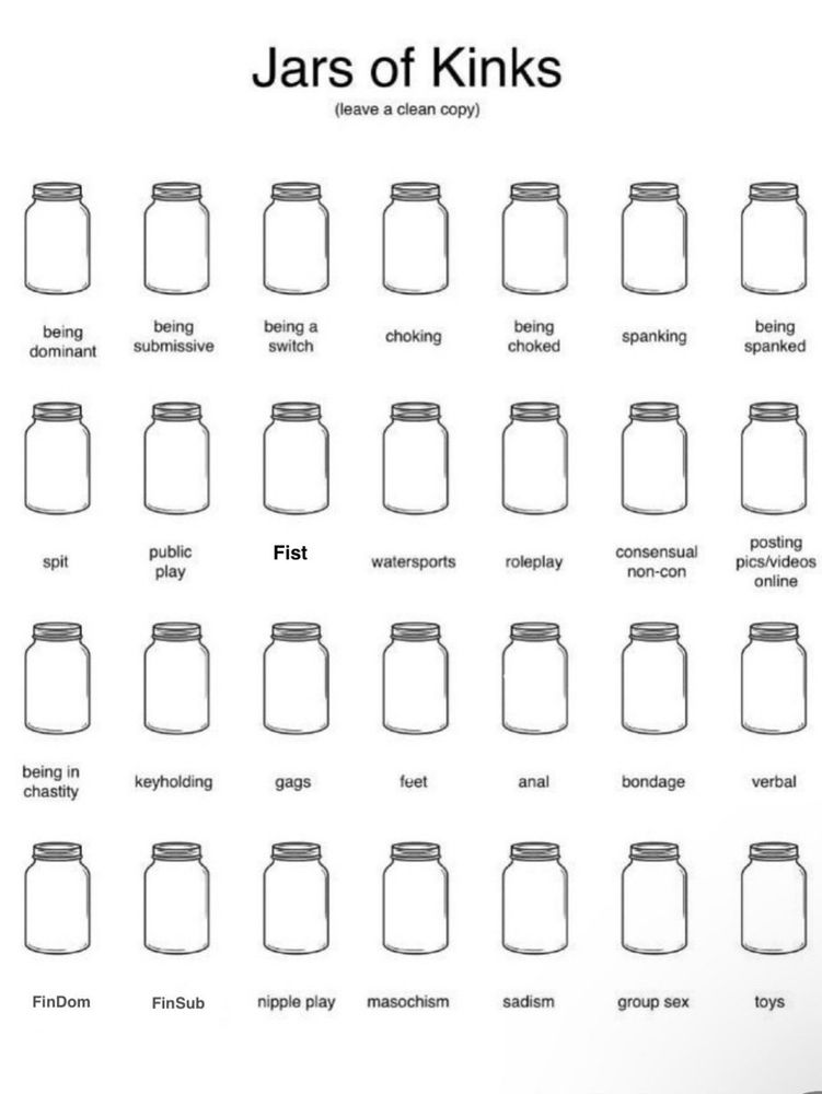 Image of jars in a 7 column by 4 row layout. Each jar has a kink listed underneath. From left to right, the jars are labeled:
Row 1: being dominant, being submissive, being a switch, choking, being choked, spanking, being spanked
Row 2: spit, public play, fist, watersports, roleplay, consensual non-consensual, posting pics/videos online
Row 3: being in chastity, key holder, gags, feet, anal, bondage, verbal
Row 4: Fin Dom, Fin Sub, nipple play, masochism, sadism, group sex, toys