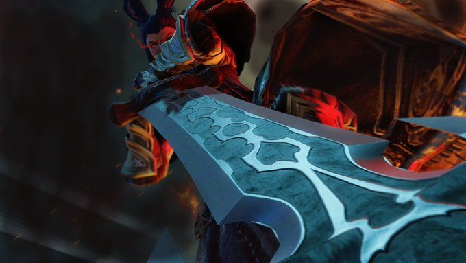 a viera holds a greatsword aimed down at the viewer in a smoke-filled and ashen battlefield as flames rage behind the outline of his coat - a fell omen burns crimson in his one visible eye