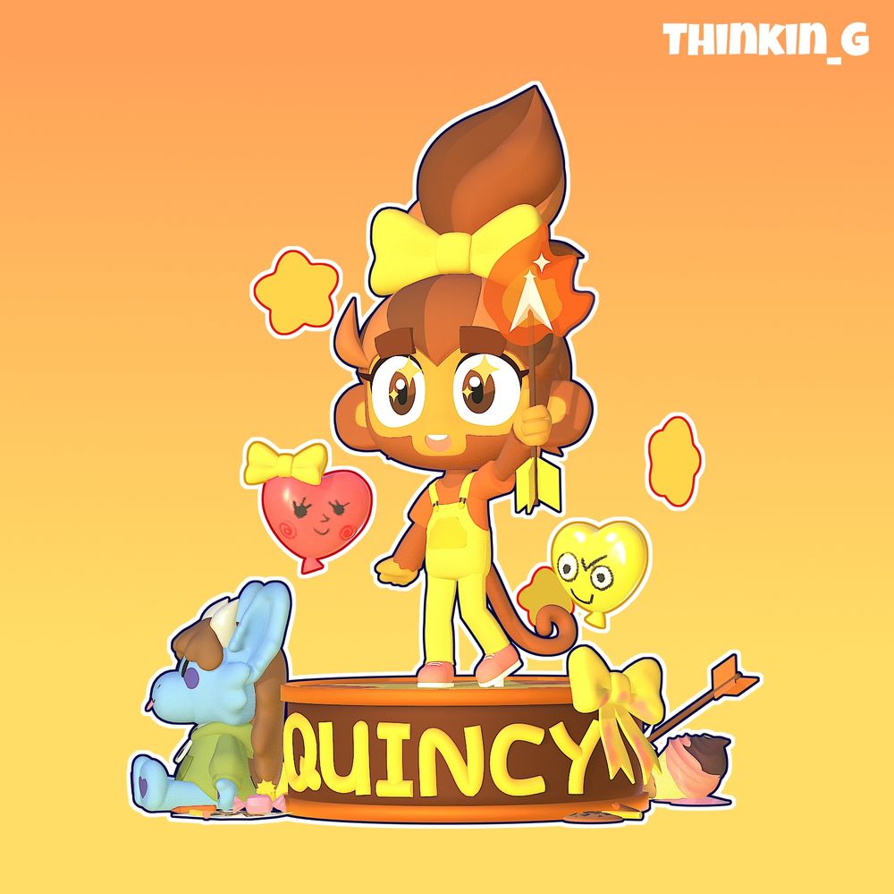 Daughter of Quincy stood on the stage, proudly holding a fire arrow. Scattered around her were all the things I could imagine she would like: Dizzy plush, ice cream, candy, arrow, cookie, little stars, a self-portrait and a paintbrush :D