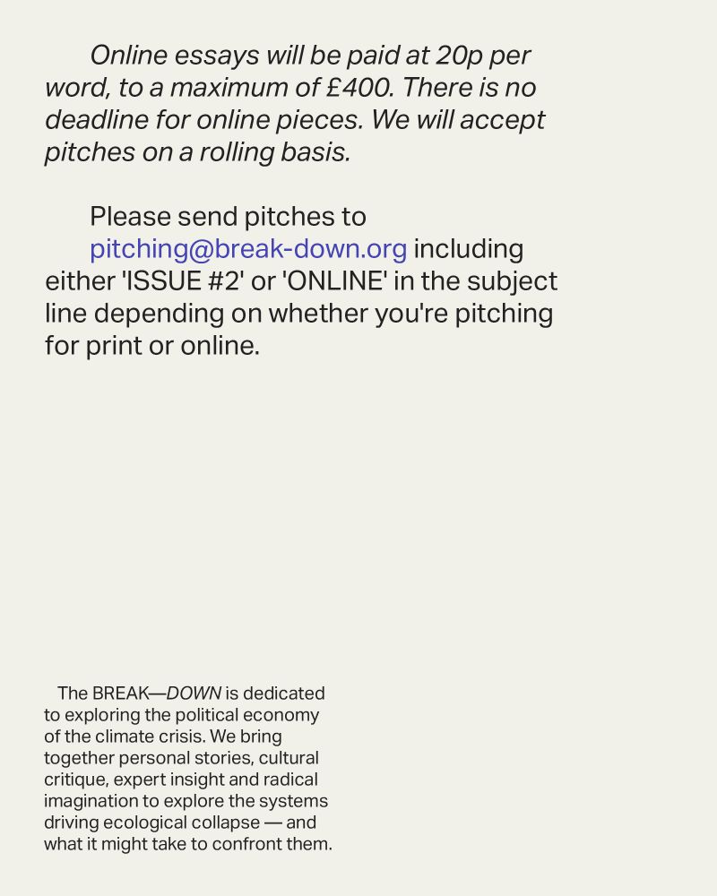 Online essays will be paid at 20p per word, to a maximum of £400. There is no deadline for online pieces. We will accept pitches on a rolling basis.

Please send pitches to 
pitching@break-down.org including either 'ISSUE #2' or 'ONLINE' in the subject line depending on whether you're pitching for print or online.