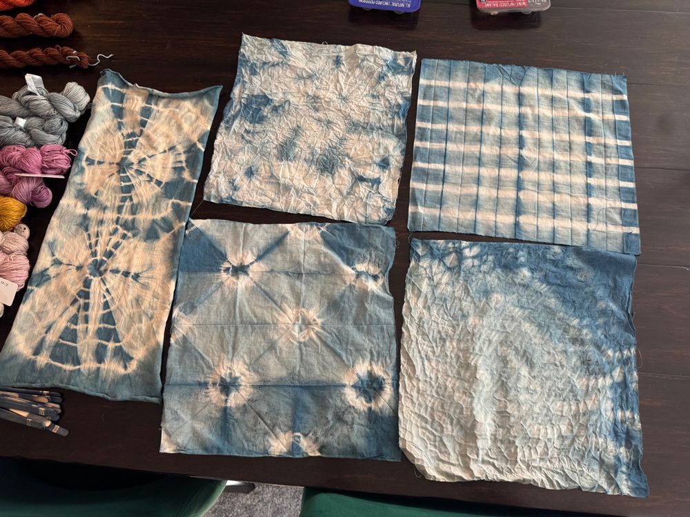 Shibori shape resisted indigo samples 