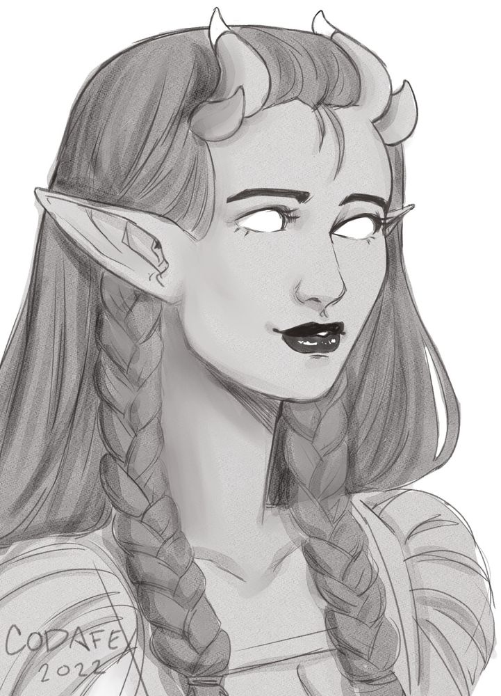 A black-and-white sketch bust of a teifling.