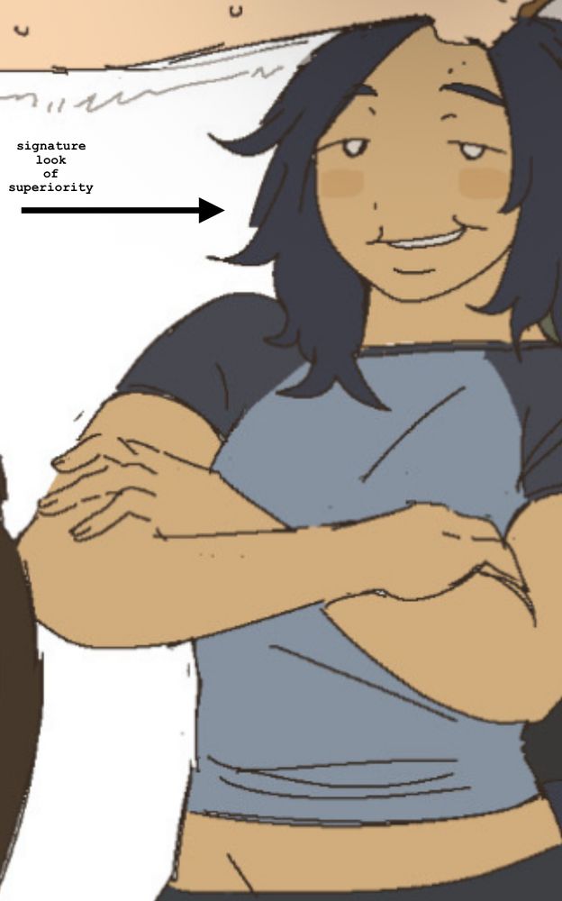 "signature look of superiority" with an arrow below it pointing to uh. um Uhhhhh. aw fuck Kris I'm sorgy I don't know the name of this OC ):