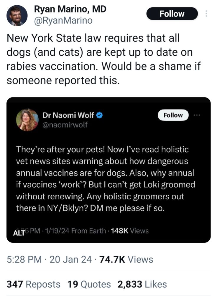 Dr Ryan Marino shares a post of author Naomi Wolf freaking out about needing to give her dog rabies vaccines