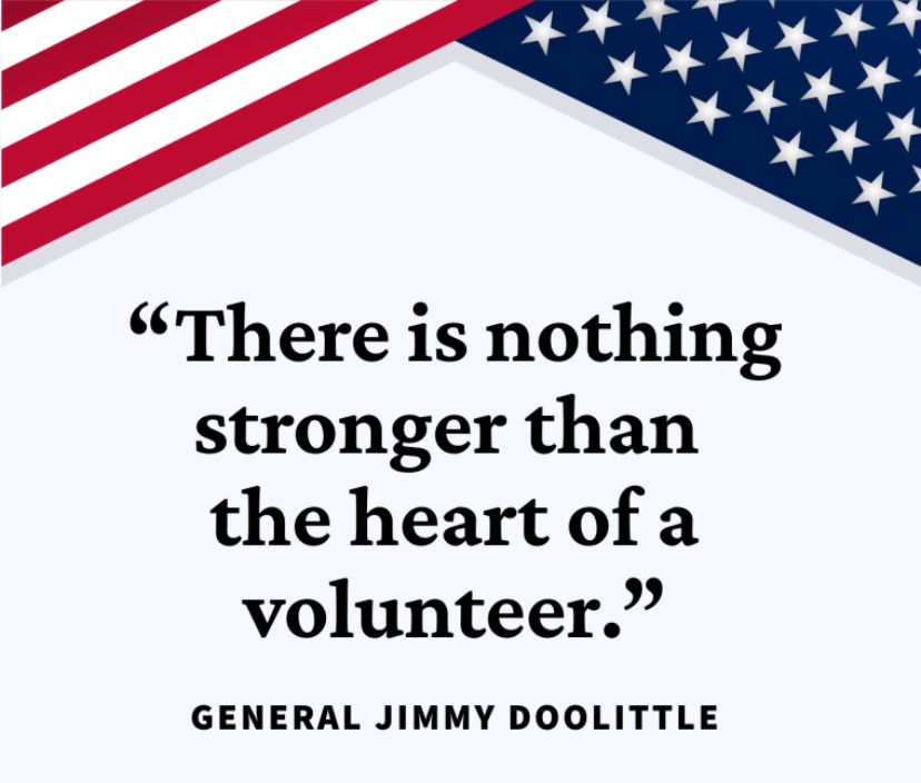 The quote “There is nothing stronger than the heart of a volunteer, by General Jimmy Doolittle” under flag graphics.