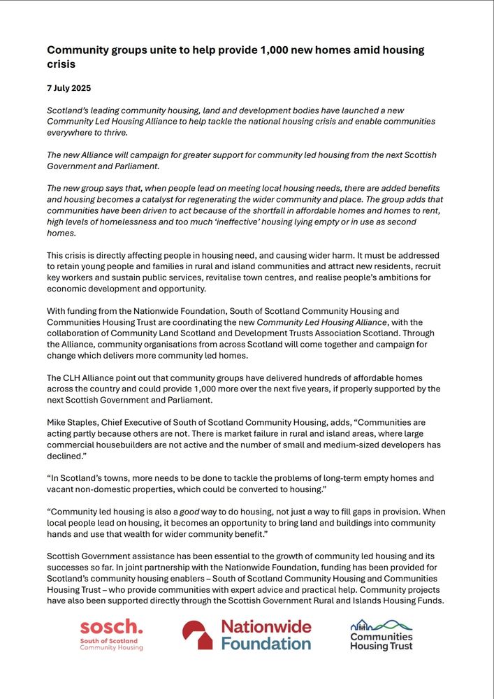Image of a press release regarding the launch of a new Community Led Housing Alliance in Scotland