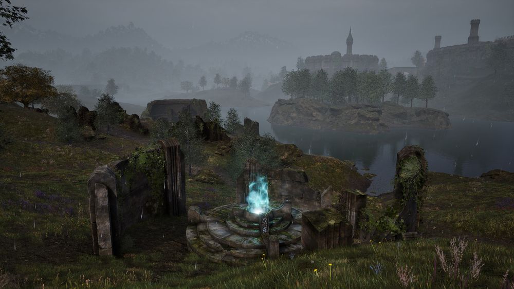 A screenshot of The Elder Scrolls 4: Oblivion Remastered, of a view of a green hill countryside on a grey and rainy day, with some ancient elvish shrine ruins in the foreground, with swirling blue magic energy flowing out of a circular shrine like fire. The ruins are made of geometric white stone slabs covered in moss and vegetation from many years of abandonment. There is a large lake in the distance that's home to an island with trees, and a larger land mass that contains the Imperial City, a series of circular white stone walls and towers. The are tall hills in the distance covered in trees that fade into the fog.