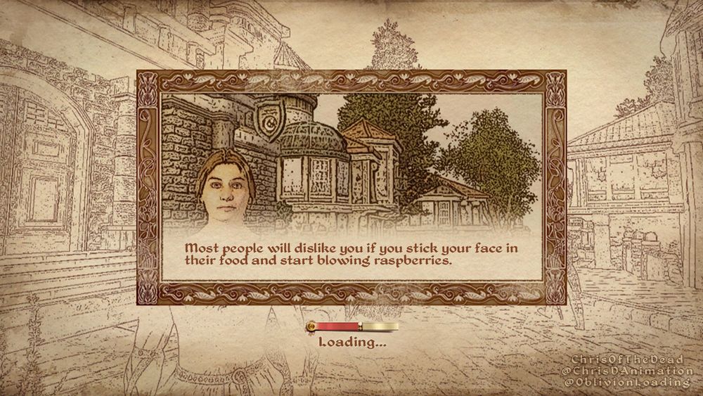 A loading screen from The Elder Scrolls 4: Oblivion, showing a human woman looking at the viewer along the main street in Anvil, in front of the Mages Guild.