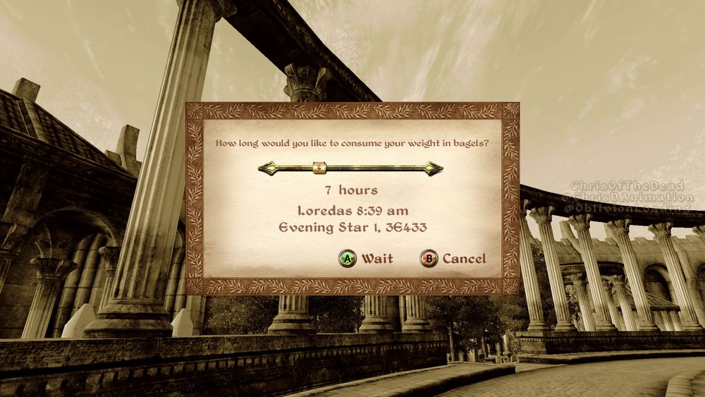 A screenshot of The Elder Scrolls 4: Oblivion, of the player looking at the in-game waiting menu to select how long they would like to wait, with the sepia-tone-filtered background of the Imperial City, from the central district where the White-Gold Tower is located, looking at the outer circle of pillars from the raised section that the tower sits on.