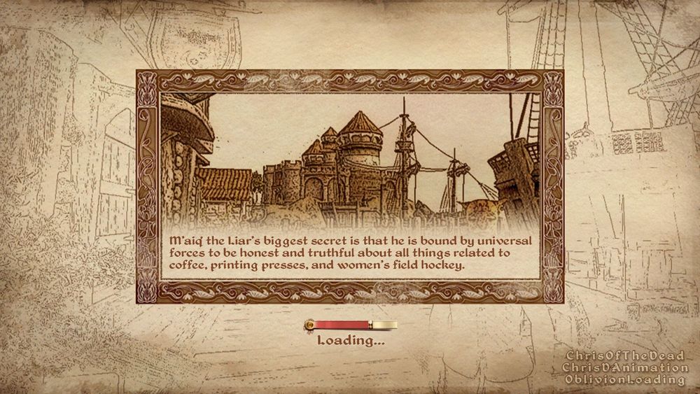 A loading screen from The Elder Scrolls 4: Oblivion, showing a Khajiit (tiger/cat person) on the dockside in Anvil.