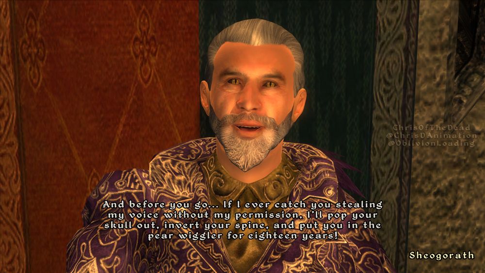 A screenshot of The Elder Scrolls 4: Oblivion, of the player talking to the Daedric (demonic) prince of madness, Sheogorath, who presents himself as a white human with grey hair and a short beard, but with yellow eyes with vertical slits for pupils. He's wearing a fancy purple coat with pale yellow patterns throughout it, and a yellow shirt underneath it. He's sitting on a stone throne with a split-design cloth behind it, with one half being red and the other half being green.